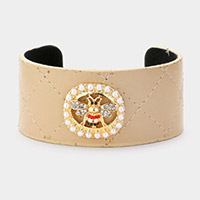 Pearl Trimmed Rhinestone Honey Bee Accented Faux Leather Cuff Bracelet