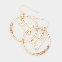 Music Notes Accented Wire Wrapped Open Metal Circle Dangle Earrings