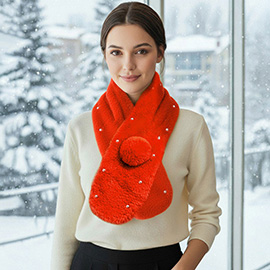 Pearl Embellished Faux Fur Pom Pom Pull Through Scarf