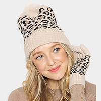 Leopard Patterned Faux Fur Pom Pom Ribbed Beanie Hat