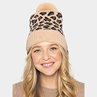 Leopard Patterned Faux Fur Pom Pom Ribbed Beanie Hat