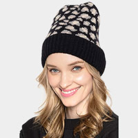 Leopard Patterned Ribbed Cuff Beanie Hat
