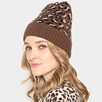 Leopard Patterned Ribbed Cuff Beanie Hat
