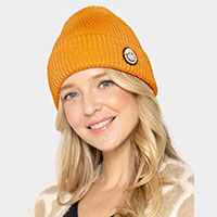 Smile Patch Ribbed Cuff Knit Beanie Hat