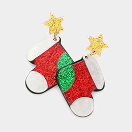 Glittered Resin Star Christmas Socks Dangle Earrings