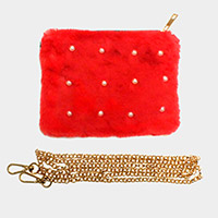 Pearl Embellished Faux Leather Mini Crossbody Bag