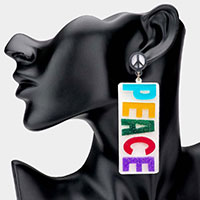 PEACE Glittered Resin Rectangle Dangle Earrings