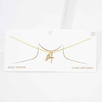 Gold Dipped CZ Embellished Metal Wing Cross Pendant Necklace