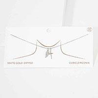 White Gold Dipped CZ Embellished Metal Wing Cross Pendant Necklace