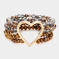 Open Metal Heart Accented Multi Layered Faceted Beaded Stretch Bracelet