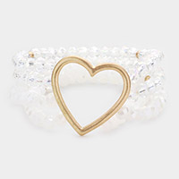 Open Metal Heart Accented Multi Layered Faceted Beaded Stretch Bracelet