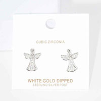 White Gold Dipped CZ Embellished Metal Angel Stud Earrings