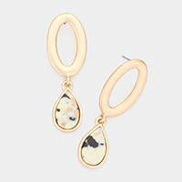 Open Metal Oval Natural Stone Teardrop Link Dangle Earrings