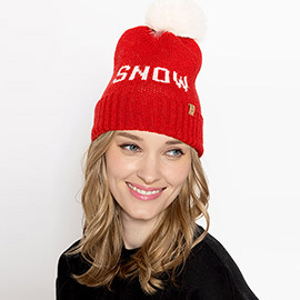 Snow Message Faux Fur Pom Pom Cable Knit Beanie Hat