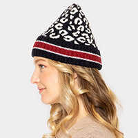 Leopard Patterned Striped Cuff Knit Beanie Hat