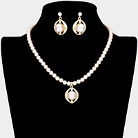 Pearl Centered Rhinestone Embellished Metal Pendant Necklace