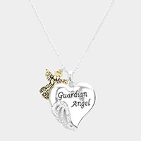 Guardian Angel Rhinestone Embellished Heart Pendant Necklace