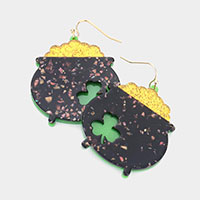 St. Patrick's Day Glitter Resin Pot of Gold Shamrock Dangle Earrings