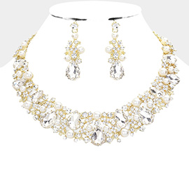 Glass crystal & pearl vine evening necklace