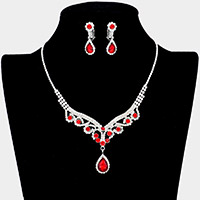 Teardrop Stone Accented Rhinestone Necklace Clip on Earring Set
