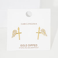 Gold Dipped CZ Wing Metal Cross Stud Earrings