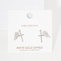 White Gold Dipped CZ Wing Metal Cross Stud Earrings