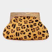 Leopard Patterned Wood Closure Wide Clutch / Crossbody Bag
