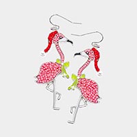 Seed Bead Embellished Metal Santa Flamingo Dangle Earrings