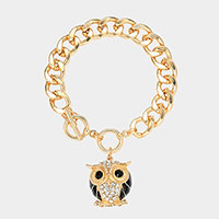 Rhinestone Embellished Owl Charm Toggle Bracelet