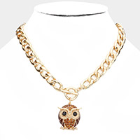 Stone Embellished Owl Pendant Toggle Necklace