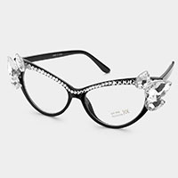 Crystal Embellished Cat Eye Clear Lens Sunglasses