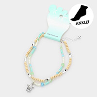 Metal Turtle Charm Wood Beaded Double Layered Anklet