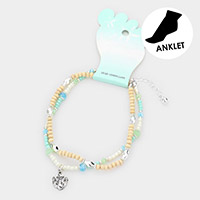 Metal Anchor Charm Wood Beaded Double Layered Anklet