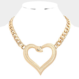 Stone Embellished Metal Snake Heart Pendant Necklace