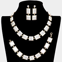3PCS - Rhinestone Embellished Square Rectangle Link Necklace Jewelry Set