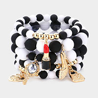 5PCS - Flower Heart Hand Mirror Lipstick Stiletto Hill Tote Bag Charm Beaded Stretch Bracelets