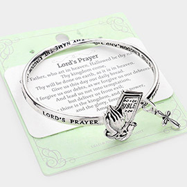 Lord's Prayer Metal Bible Praying Hands Accented Cross Charm Message Bangle Bracelet