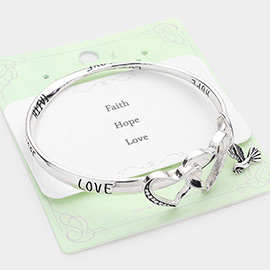 Faith Hope Love Metal Double Open Heart Accented Bird Charm Message Bangle Bracelet