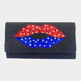 American USA Flag Lips Seed Beaded Clutch / Crossbody Bag