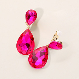 Glass Crystal Double Teardrop Clip On Evening Earrings