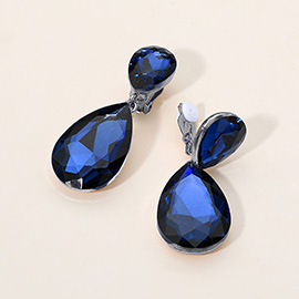 Glass Crystal Double Teardrop Clip On Evening Earrings