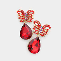 Rhinestone Embellished Butterfly Teardrop Stone Link Dangle Evening Earrings