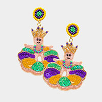 Mardi Gras Felt Back Beaded Crown Human Dangle Earrings