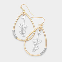 Music Nots Treble Clef Accented Open Metal Teardrop Dangle Earrings