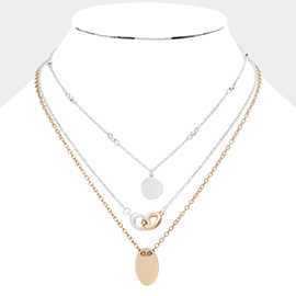 3PCS - Metal Disc Open Oval Link Pendant Necklaces