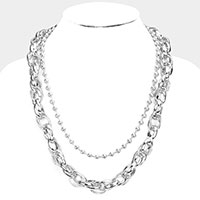 Double Layered Metal Ball Open Oval Link Bib Necklace