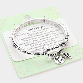 Lord's Prayer Ichthys Accented Metal Cross Pearl Charm Stretch Bracelet