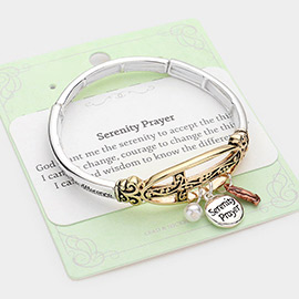 Serenity Prayer Cross Accented Metal Praying Hands Pearl Charm Stretch Bracelet