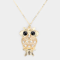 Stone Embellished Metal Owl Pendant Necklace