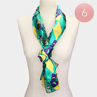 6PCS - Silk Feel Satin Mardi Gras Mask Pierrot Pattern Printed Scarves